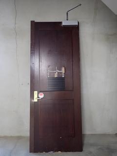 Solid Wood Interior Door c/w Hardware, 37in x 1-3/4in x 95-1/4in, Damaged. (WH)