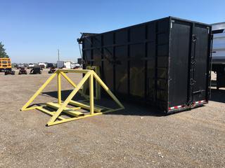 Roll Off Dump Bin 7ft W x 16ft-8in L x 8ft-6in H c/w Custom Made Yellow Steel Stand & Rolling Tarp Cover, Control # 7899. 