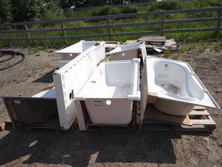 (3) Maax Fiberglass Bathtub, 59-1/2in x 30in x 21in, Maax Olympia 60 Shower Base and Maax Fiberglass Bathtub, 60in x 30in x 19in, *Damaged*