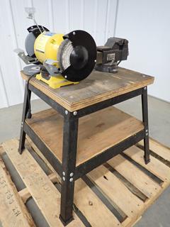 Powerfist 8109654 6in Bench Grinder and 4in Swivel Vise 8085672 c/w 20in x 22in x 24-1/2in Metal Stand. (WH)