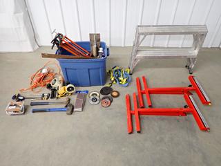 (2) Samona Adjustable Folding Roller Stands, Eagle Pro Professional Ladder and Assorted Hand Tools. (3-E-4)