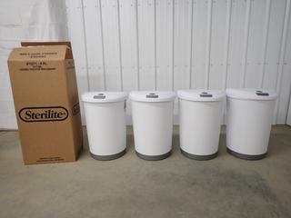 (4) Unused Sterilite 47L Locking Touchtop Wastebaskets. (8-P-1)