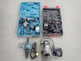 (2) 18V Drill Kits with (2) Batteries, Charger and Hard Cases, Makita 601B-R 13mm Reversible Drill with D-Handle and Porter Cable 75372 D-Handle Router. (2-E-2)