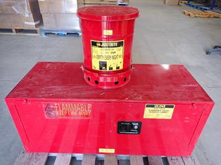 U-Line Metal Flammable Liquid Storage Cabinet, 43in x 18in x 19-1/2in and Just Rite RM08201 Metal Oil Waste Can. (WH)