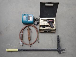 Pneumatic Chisel, Air Hose, Fiskars Weed Puller and Soldering Gun with Case. (2-T-3) 