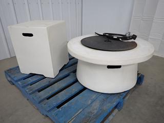 Round White Outdoor Fire Table and Square Side Table, Damaged. (WH)