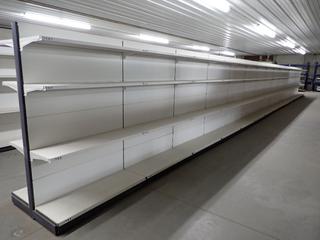 (15) Sections of White Double Sided 4-Shelf Retail Shelving, 47in x 14in x 71in Per Section, Approximately 59ft. (WH) *Note: Shelf Has been Dismantled & Is Currently On 5 Pallets*