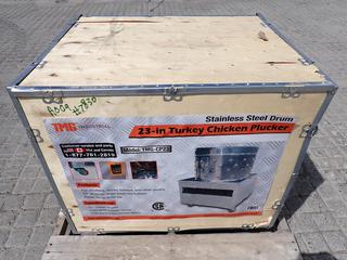 Unused TMG Industrial 23in. Chicken Plucking Machine, Stainless Steel Drum, Caster Wheels, Feather Discharge Chute, TMG-CP23. Control # 7830