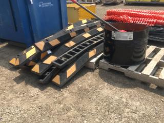 Quantity of Rubber Parking Stall Bumpers 6in x 72in, Shallow Metal Barrel and Plastic Snow Shovel.