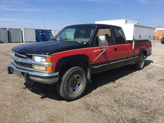 1993 Chev 2500 Extended Cab 4x4 Pickup c/w 6.5L Turbo Diesel, Auto, 265/75R16 Tires, Showing 562,701 Km, VIN 2GCGK29F6P1126521, Industrial Tool Box, Written Off Vehicle