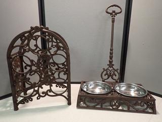 Cast Iron 5-Bottle Wine Rack (12in x 6-1/2in x 17in) and Dog Bowl Stand (16in x 8-3/4in x 24in) PL# 8004  (RST)