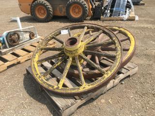 (2) Wooden Wagon Wheels w/ Steel Rim, Approximately 44in Diameter.