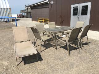 (7)Pc Patio Set c/w (6) Stacking Aluminum Patio Chairs, (1) Glass Table and (2) Aluminum Lounge Chairs.