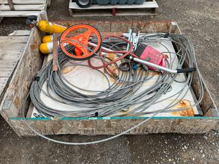 (2) Steel Cables w/ Hooks on Both Ends 3/8 in Thick 75 ft L, (1) Steel Cable w/ Single Hook 3/8 in Thick 50 ft L, (3) Small Compressed Air Tanks and HI V12 Metric Measuring Wheel.