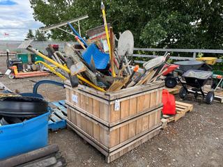 Crate Full of Shovels, Brooms, Scrapers, Pick Axe, Sledge Hammers, Pry Bars and Concrete Tools.