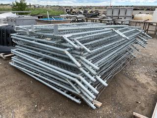 Quantity of Galvanized Chain Link Fence Panels w/ Barb Wire, Approximately 9 ft 8 in L x 8 ft H w/ Gate Panels.