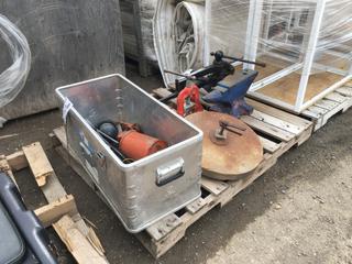 Anvil, Vise/Tongs, Grinding Wheel, Aluminum Box w/ Fuel Pumps, Filters and Nozzle.