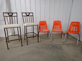 (2) Upholstered/Metal Bar Stools and (3) Orange Stacking Student Chairs. (WH) PL #6000