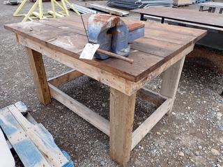 Wooden Work Bench, Approximately 44 in W x 60 in L x 36 in H c/w Eron No.150 Vise.