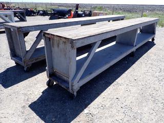 (2) Wooden Rolling Work Tables, 2ft W x 3ft H x 16ft L.