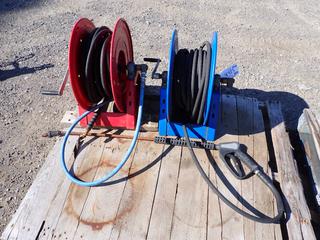 (2) High Pressure Water Reels with 3/8in Hose, (1) with Wand, Coxreels Model 1125-4-100.