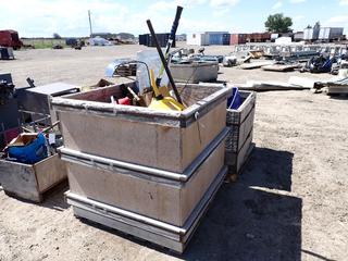 Wooden Crate c/w Assorted Tools/Hardware, Work Mate Level, Jerry Cans, Nails, Screws, Etc.