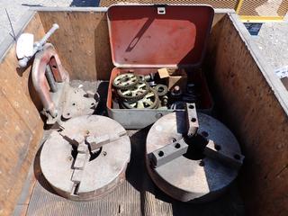 (2) 3-Jaw Chucks, Box of Bull Gears and Ridgid Pipe Vice.