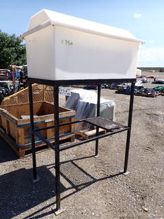 White Poly Tank, Approximately 24 in x 42 in x 48 in H on top of Black Steel Stand, 24 in x 42 in x 48 in H.