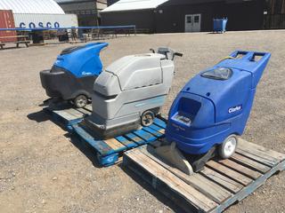 Clarke Clean Track 16 Walk Behind Carpet Cleaner, Nobles Speed Scrubber SS2001 Walk Behind Floor Scrubber and Top Vac Cyclone 20in Automatic Walk Behind Scrubber *Missing Scrubber & Squeegee*.