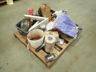 Qty of Assorted Parts, Hardware, Tools and Shop Supplies, Including: Screws, Saw Blades, Tarps, BBQ Grill Cover, Etc.