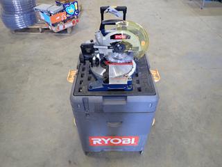 Ryobi Job Box c/w Ryobi 8 1/4 In., 18V Miter Saw, Ryobi 5 1/2 In., 18V Circular Saw, Ryobi 18V Speed Saw, Ryobi 18V Reciprocating Saw, Ryobi 18V Light, (3) Batteries and Charger  (H)