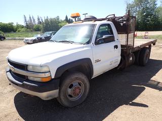 2002 Chevrolet Silverado 3500 Flat Deck Truck c/w 6.6L Turbo Diesel, Manual, PL5 Pull Master Winch, 150 In. X 89 In In. Deck, Spare Tire And 215/85R16 Tires. Showing 158,226kms. VIN 1GBJK34122F219176 *Note: Does Not Run, Key Broke Off Stuck In Ignition*