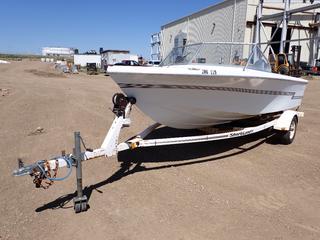 Sangstercraft Boat c/w Mariner 90 Outboard Motor, VIN 0B17606801 And Shorelander S/A Trailer, 15 Ft. x 7 Ft 8 In. w/ 1/2 In. Ball Hitch. *Note: Unable To Verify Trailer VIN*