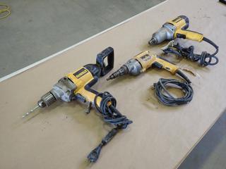 Dewalt DW130V 120V 1/2 In. Drill c/w  Dewalt DW268 120V Versa-Clutch Screwdriver And Dewalt DW294 120V 3/4 In. Impact Wrench  (T-4-2)