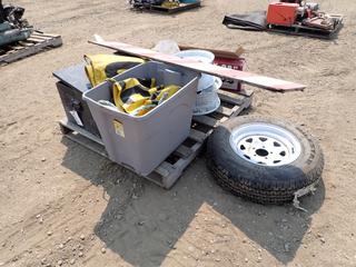 Leveling Scissor Jack, Rope, (1) ST205-75R16 Tire w/ Rim, (2) Rims And Assorted Supplies