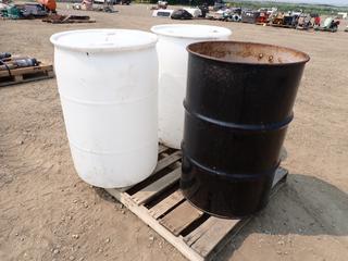 (2) 45-Gal Plastic Drums And (1) Steel Drum *NOTE: No Lids Or Drain plugs*