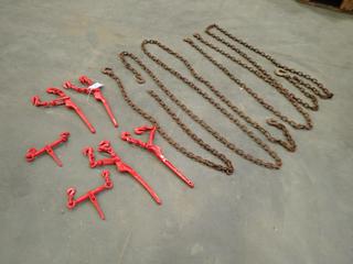 (4) Lever Load Binders, (2) Ratchet Boomers And (4) Assorted Chains w/ Hooks