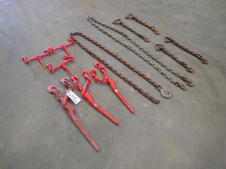 (3) Lever Load Binders, (3) Ratchet Boomers And Assorted Chains w/ Hooks