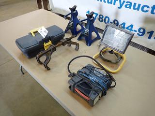 (2) Certified 2-Ton Axle Stands c/w (1) Shop Light, (1) Motomaster 150PSI 12VDC Air Compressor, (1) Puller And (1) Tool Box  (G-2)