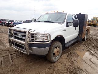 2007 Ford F-350 XLT Super Duty Extended Cab 4X4 Flat Deck Truck c/w Triton V10 6.8L, A/T, 13,000lb GVWR, 8 Ft. Grille Guard, (2) 36 In. X 25 In. X 58 In. Storage Boxes, (2) 29 In. X 24 In. X 16 In. Storage Boxes, #6 Bench Vise And LT265/70R17 Tires. Showing 4339hrs, 189,717kms. VIN 1FDWX37Y47EA60746 *Note: ABS And Check Engine Light On, Windshield Cracked*