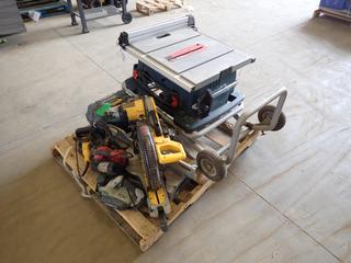 Bosch 4100 120V 10 In. Table Saw c/w Bosch TS3000 Gravity Rise Wheel Stand, Dewalt DW718 120V 12 In. Sliding Compound Miter Saw, Dewalt DW682 120V Plater Joiner, Haussmann PT101008 120V 3 1/4 In. Planer, Mastercraft 55-6741-0 120V 4 3/8 In. Wet/Dry Tile Saw, Ryobi TC400 120V 4 In. Wet/Dry Masonry Saw and Skil 7510 120V Belt Sander  (R-1-2) 