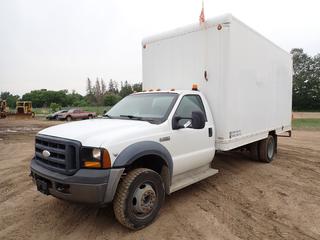 2007 Ford F-550 XL Super Duty Cube Van c/w 6.8L V10 Triton, A/T, 8142kg GVWR, 5380kg Tare, 17ft. 5in X 7ft 11in Cube, 87in Door, SN 7548BC And 225/770 R19.5 Tires. Showing 172,027kms. VIN 1FDAF56YX7EB46220. *Note: ABS Light On, Glass Damaged* 