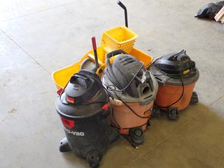 (1) 120V 37.8L Shop Vac c/w (1) Ridgid 120V 34.1L Shop Vac, (1) Ridgid 12-Gal Shop Vac And (2) Mop Buckets, *NOTE: Ridgid Shop Vac's Have No Hoses*  (Row 4)