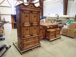 Antique Double Bedroom Set c/w Headboard, Dresser W/ Mirror, Tall Boy Dresser, And (2) Night Stands  (SC)