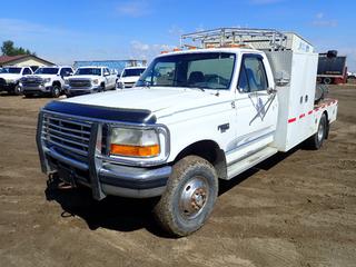 1994 Ford F-350 XLT Welding Truck c/w 7.3L V8 Turbo Diesel, 5-Spd Manual, 11 Ft. Service Body, 7 Ft. X 87 In. Deck, Ford RPM Control Module, Hobart Mega-Arc 3020G DC-CC Multi-Process Welder w/ 3000W Aux Generator, Ford LSG 423 Gas Engine, Showing 5343hrs, SN 93WS17139, (2) Aluminum Cable Reels, Ground And Welding Cable, Irwin Bench Vise And LT235/85R16 Tires. Showing 308,958kms. VIN 2FDKF38F0RCA74098 *Note: Welder Works*