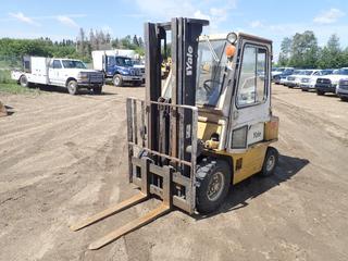 Yale Model GLP040RDJUAE086 LPG Forklift c/w Yale LPG Engine, 3800lb Max Cap. @ 190 In Max Fork Height, 42 In. Forks, 3-Stage Mast, Martin Enclosed Cab, 6.00-9 Rear And 7.00-12 Front Tires. Showing 4721hrs. SN CA0881 *Note: Windshield Cracked, No Propane Tank*