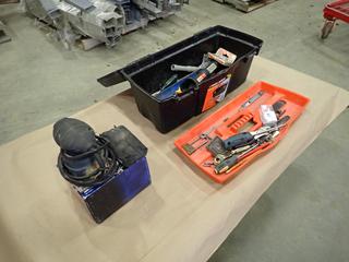 Black & Decker Toolbox, 20 In. X 10 In. X 9 In. c/w Mastercraft 1/4 In. 120V Sheet Sander And Assorted Hand Tools *Note: Latch Broken*  (F-2)