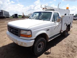 1996 Ford F-350 XL 4X4 Service Truck c/w 7.5L V8, A/T, General Body And Equipment 8 Ft. Service Body, SN 521N91, And LT235/85R16 Tires. Showing 375,874kms. VIN 2FDHF36G9TCA51108 *Note: Windshield Cracked, Rust*