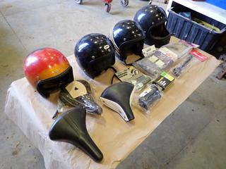 Qty Of (4) Helmets c/w Bike Seats, Motorcycle Foot Pegs, Kickstand, Bicycle Tube And Bicycle Rear Carrier Rack   (D-1)