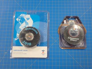 Unused Edmonton Oilers Souvenir Hockey Puck And Unused Vancouver 2010 Lucky Loonie And Puck.